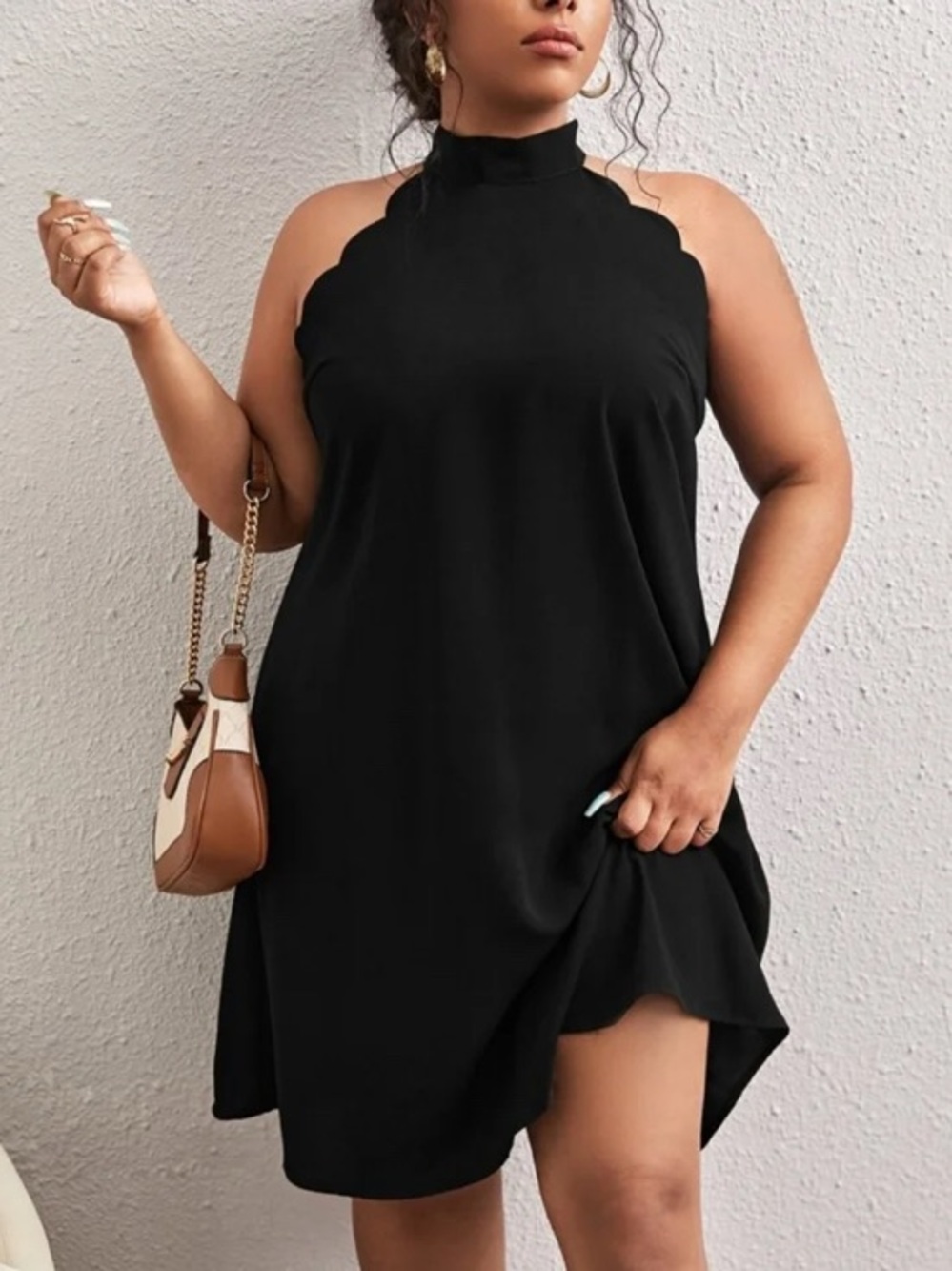 Plus Size Black Scallop Halter Mini Dress